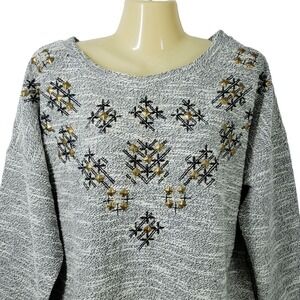 Lucky Lotus Sweater Womens‎ Large Gray Studded Embroidered Pullover Top